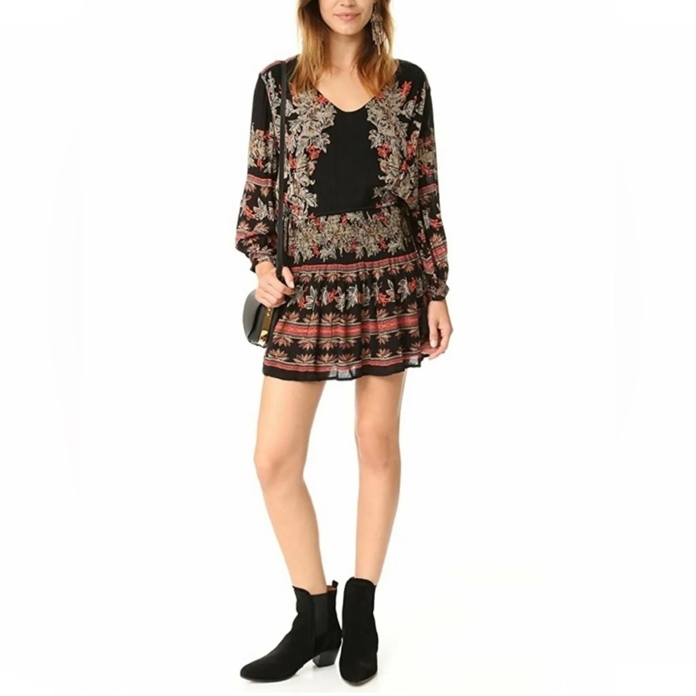 Free People Mini Dress Moonlight Drive Smocked Waist Black Rayon-S.